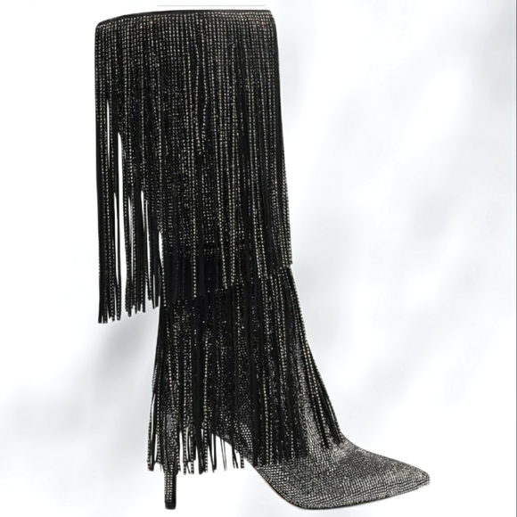NWT Fringe Rhinestone Beaded Heeled Knee-High Boots Pointed Toe Metallic Boot - Picture 3 of 16